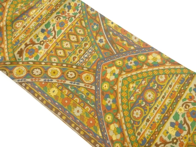 横段・変わり縞に抽象草花模様織出し名古屋帯